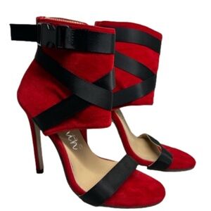 D Eleventh Red Faux Suede with Crisscross Straps and Zipper Back